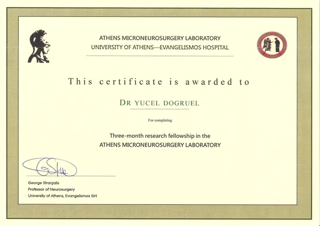 Athens Microneurosurgery Laboratory araştırma bursu belgesi, 2019