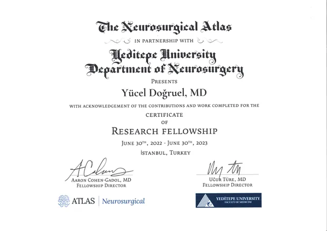 The Neurosurgical Atlas – Yeditepe Üniversitesi araştırma bursu belgesi, 2022–2023