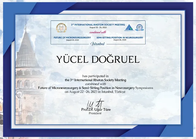 3. Uluslararası Rhoton Society Toplantısı ve Future of Microneurosurgery sempozyumu katılım belgesi, İstanbul, 2023