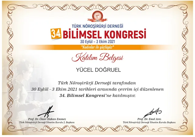 Türk Nöroşirürji Derneği 34. Bilimsel Kongresi katılım belgesi (çevrimiçi), 2021
