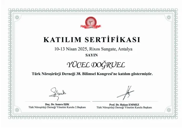 Türk Nöroşirürji Derneği 38. Bilimsel Kongresi katılım sertifikası, Antalya, 2025