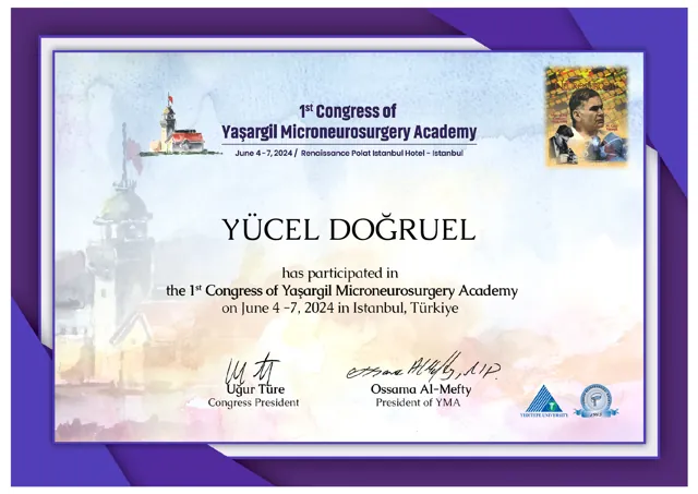 1. Yaşargil Mikronöroşirürji Akademisi Kongresi katılım belgesi, İstanbul, 2024