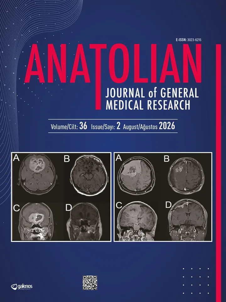 Anatolian Journal of General Medical Research Ağustos 2026 sayısının kapağı: dev intrakranial meningiomların ameliyat öncesi ve sonrası kontrastlı MR görüntüleri